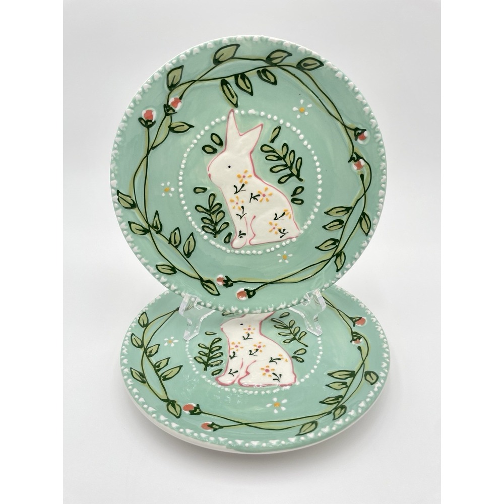 POTTERS STUDIO Set of 2 EASTER Bunny Salad Dessert Plates 8" Hand Painted NEW